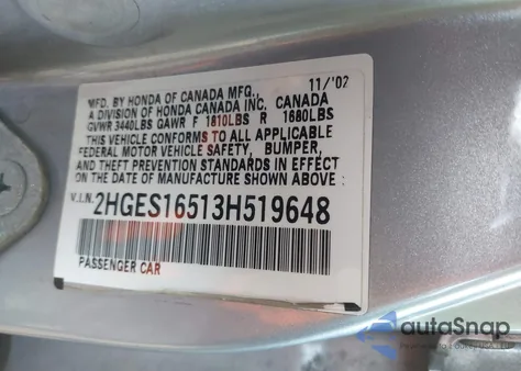 2003 Honda Civic Lx from USA, damaged, VIN 2HGES16513H519648